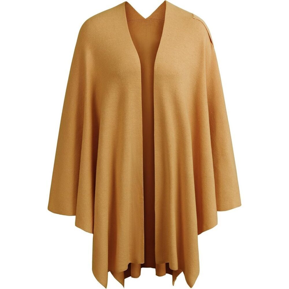 Women 1-ginger Yellow Cross Front Poncho Sweater Wrap Knitted Elegant Shawls Cap - Picture 5 of 5